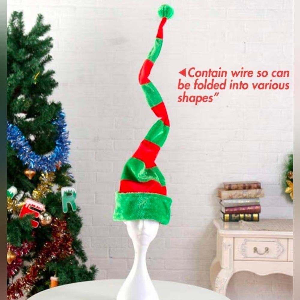 🔹️NWOT Green & Red Striped Adjustable Wire Extra Long Elf Hat One Size - Picture 4 of 8